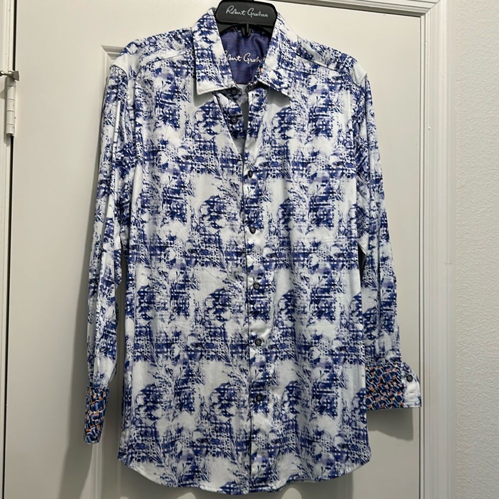 Robert Graham Button Up Adult Casual Shirt L White Blue Long Sleeve Mens